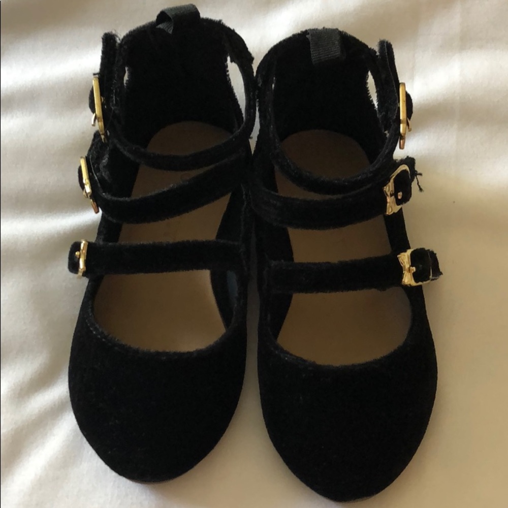 Old Navy black velvety flats, velcro ankle straps!